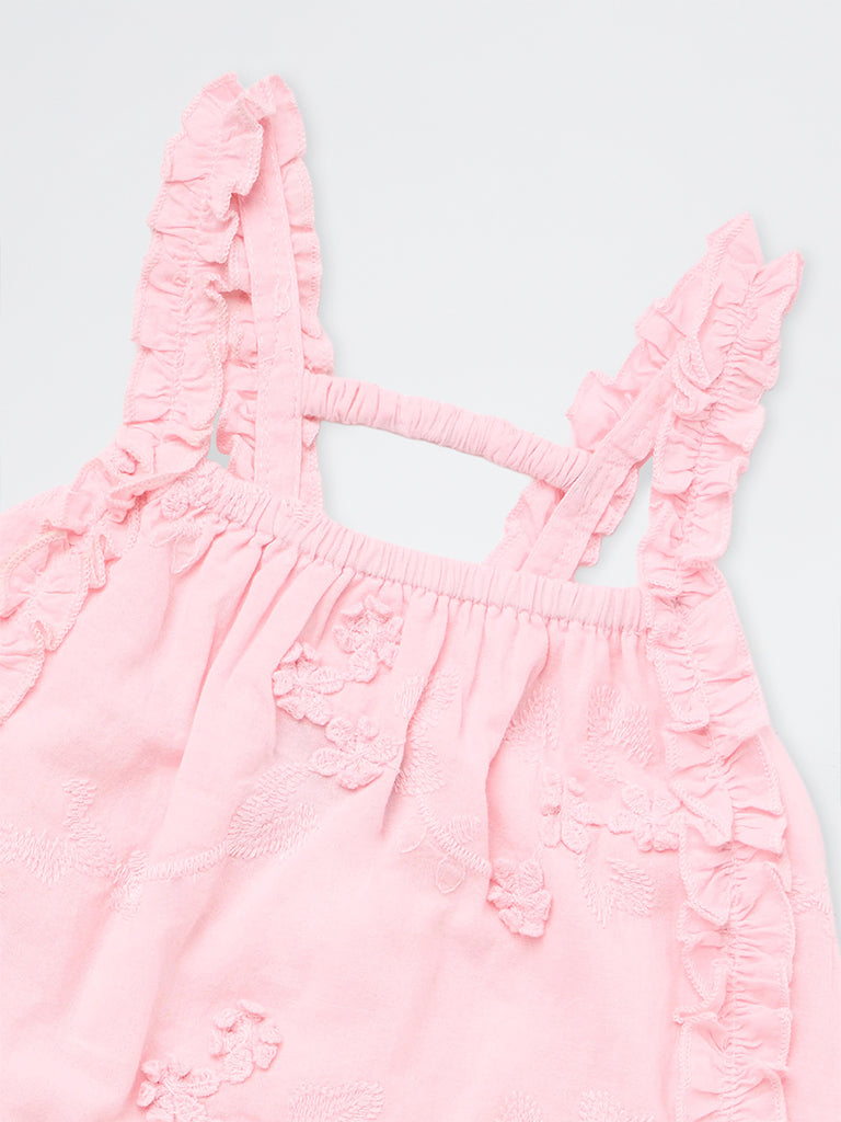 HOP Kids Girls Pink Floral Embroidered Cotton Top