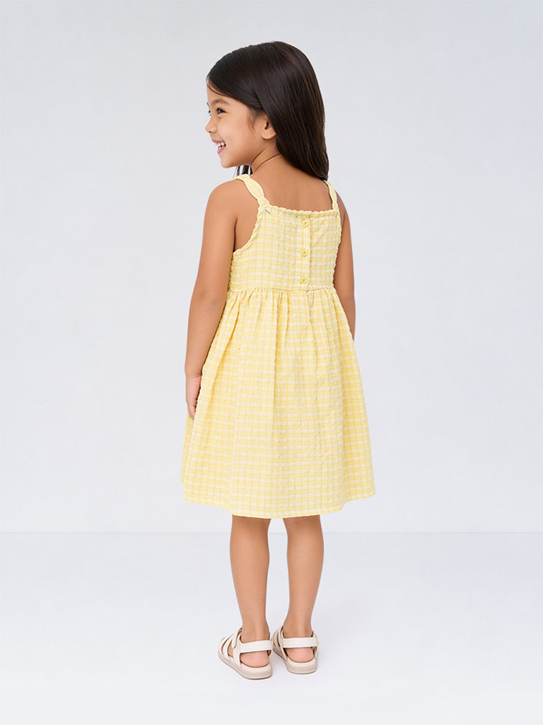 HOP Kids Girls Yellow Checkered Cotton A-Line Dress
