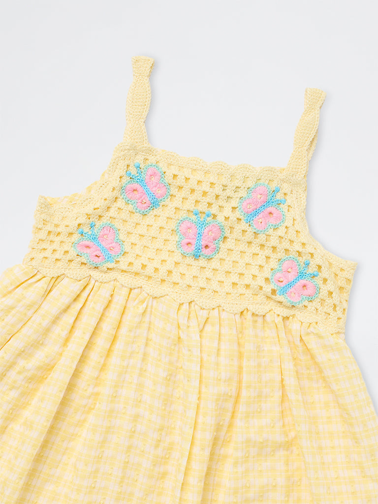 HOP Kids Girls Yellow Checkered Cotton A-Line Dress