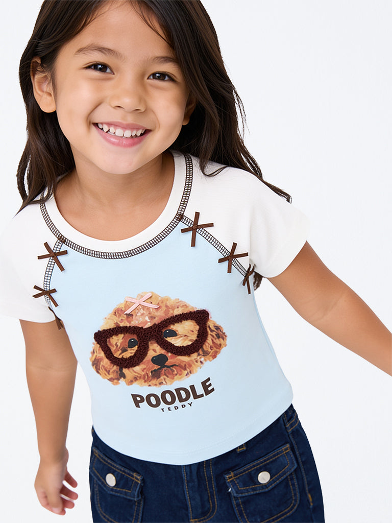 HOP Kids Girls Light Blue Dog-Printed Color-Blocked Cotton T-Shirt