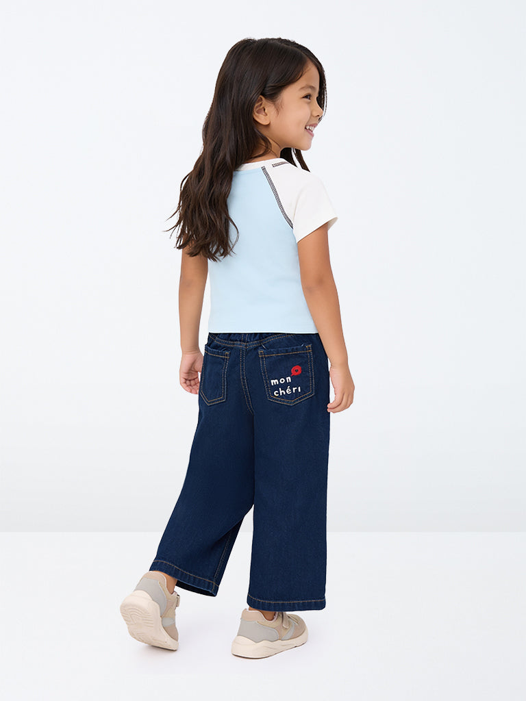HOP Kids Girls Light Blue Dog-Printed Color-Blocked Cotton T-Shirt