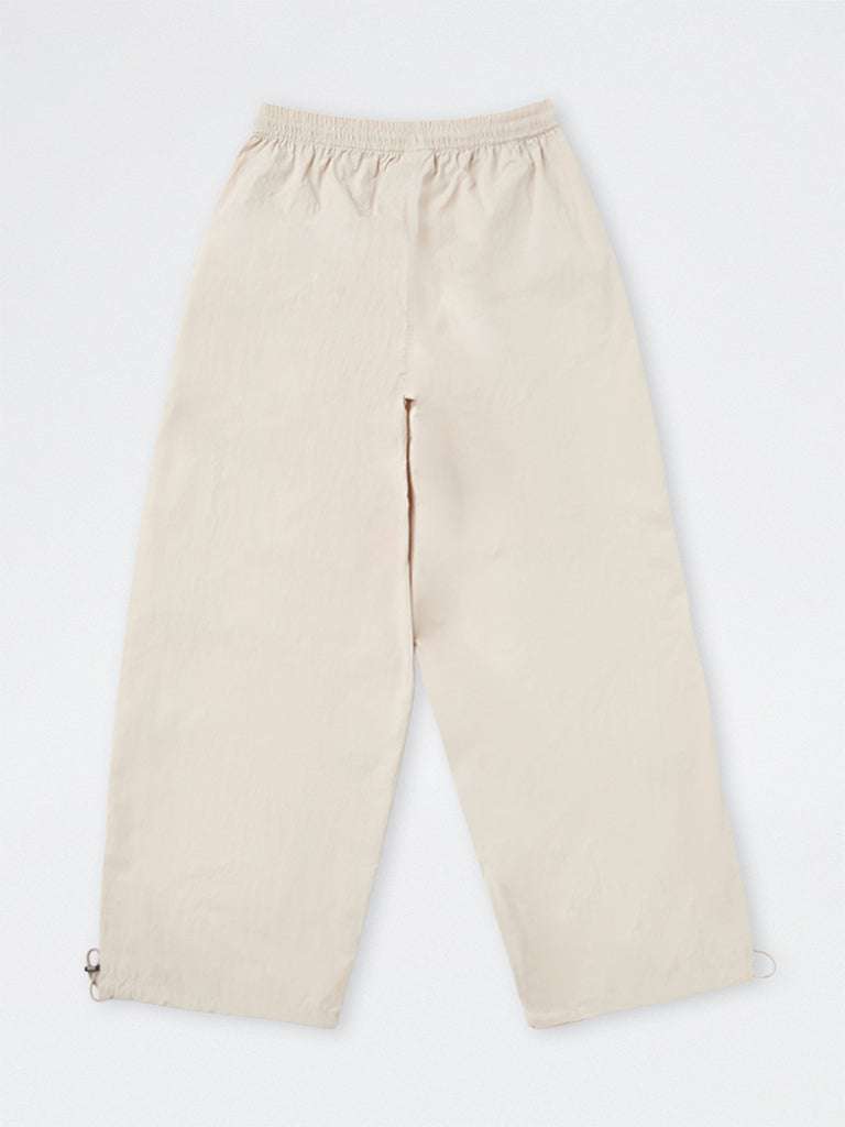 Girls Ivory Solid High-Rise Parachute Pants