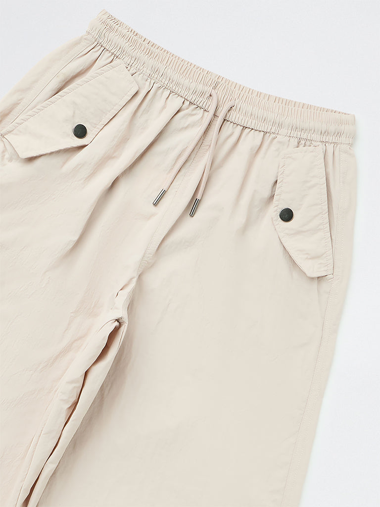Girls Ivory Solid High-Rise Parachute Pants