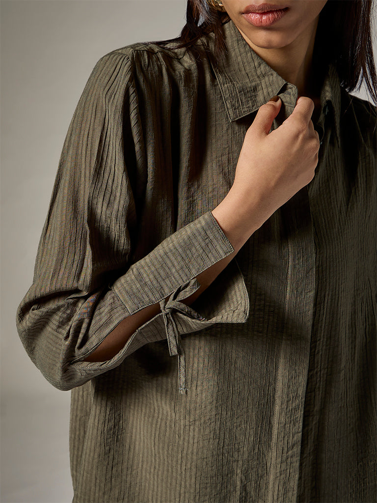 Wardrobe Dark Olive Self-Striped Shirt