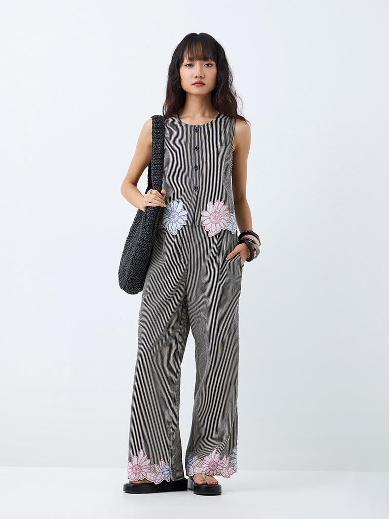 Bombay Paisley Black Striped High-Rise Cotton-Blend Pants