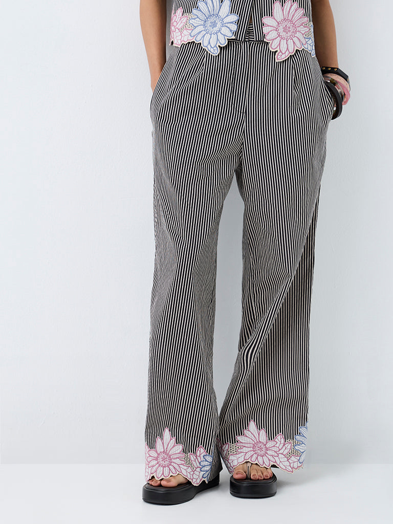 Bombay Paisley Black Striped High-Rise Cotton-Blend Pants