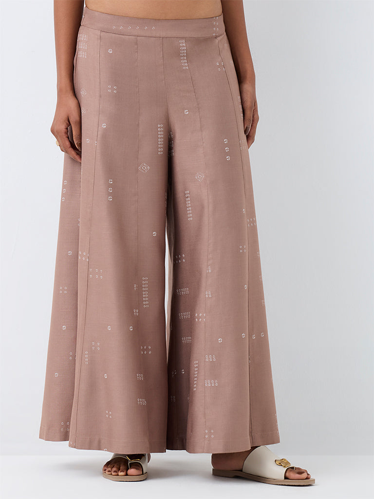 Zuba Taupe Bandhani Printed Cotton-Blend  Pants