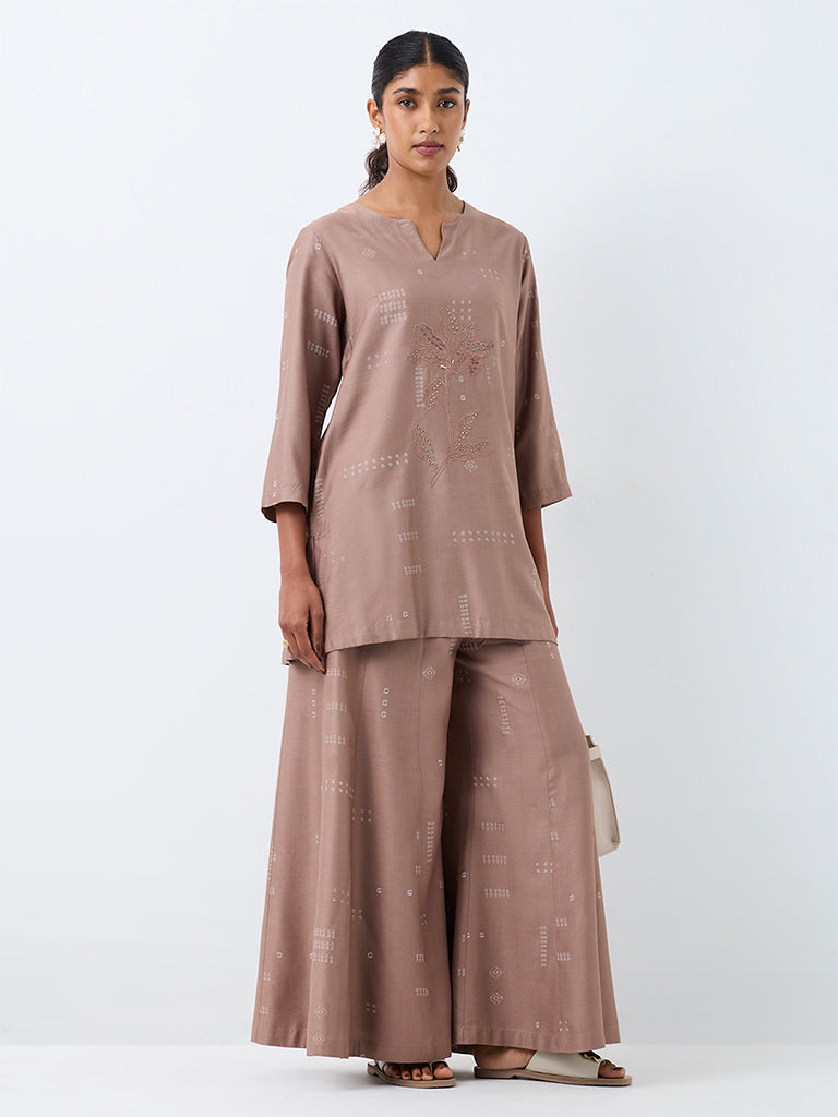 Zuba Taupe Bandhani Printed Cotton-Blend  Pants