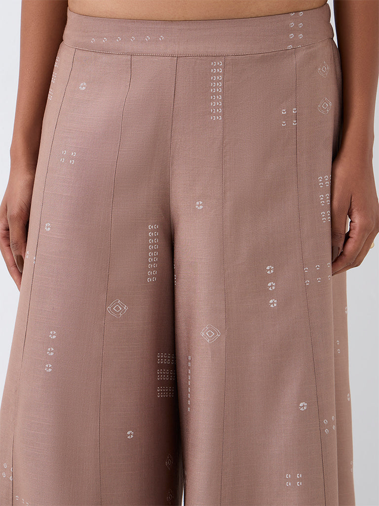 Zuba Taupe Bandhani Printed Cotton-Blend  Pants