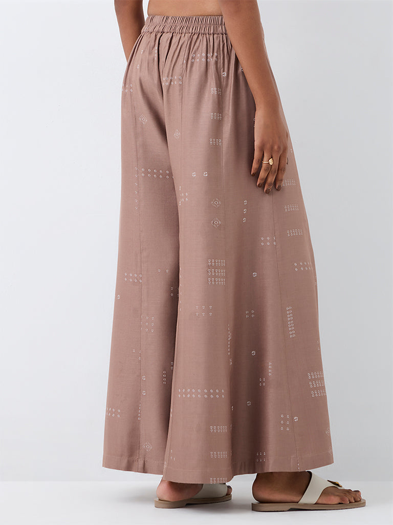 Zuba Taupe Bandhani Printed Cotton-Blend  Pants