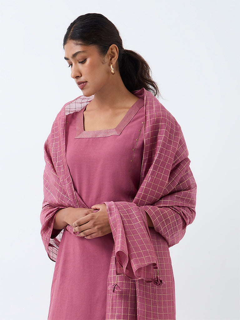 Zuba Mauve Checkered Cotton-Blend  Dupatta