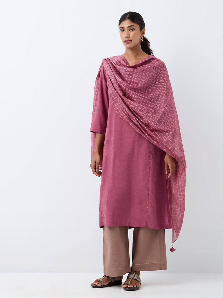 Zuba Mauve Checkered Cotton-Blend  Dupatta