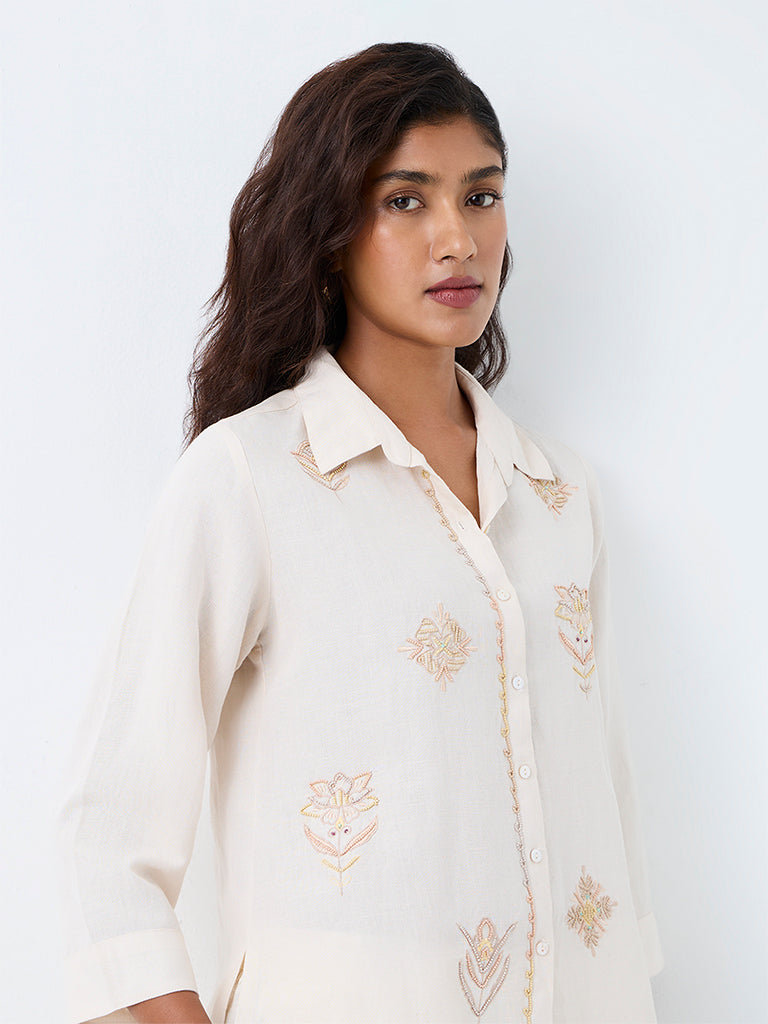 Zuba Off-White Floral Embroidered Linen-Blend Tunic