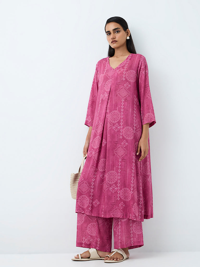 Zuba Pink Printed A-Line Kurta