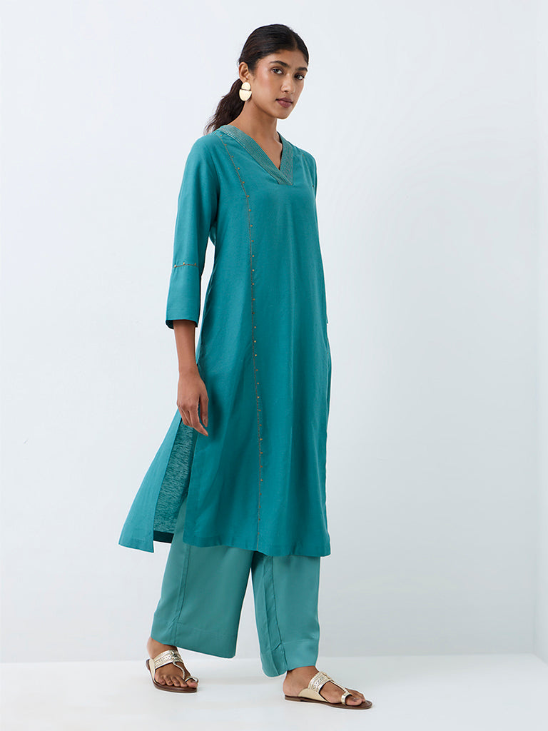 Zuba Teal Sequin-Detail A-Line Kurta