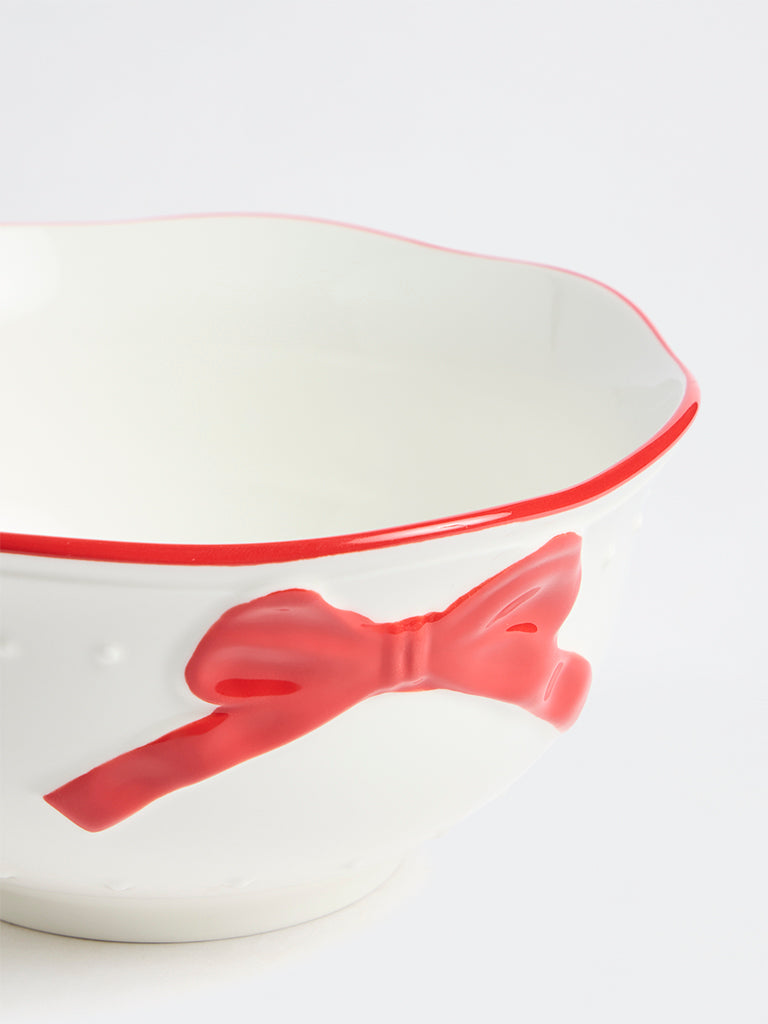 Westside Home Red and White Bow-Detail Xmas Bowl
