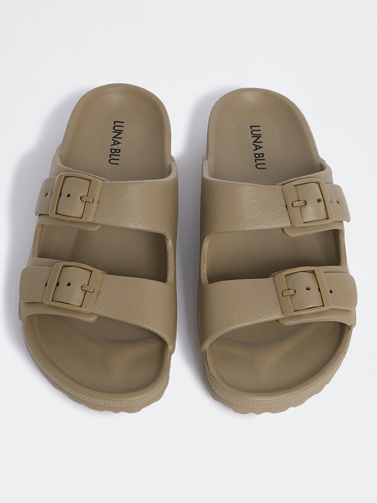 LUNA BLU Beige Dual Strap Slip-On Slides