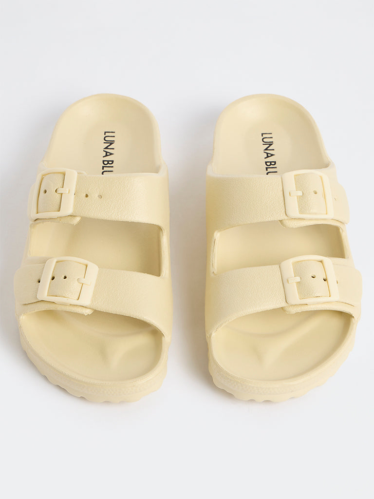 LUNA BLU Yellow Dual-Buckle Slip-On Slides