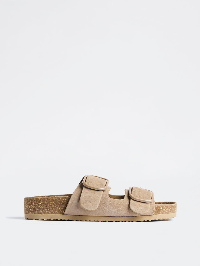 LUNA BLU Taupe Dual-Strap Suede Slip-On Sandals