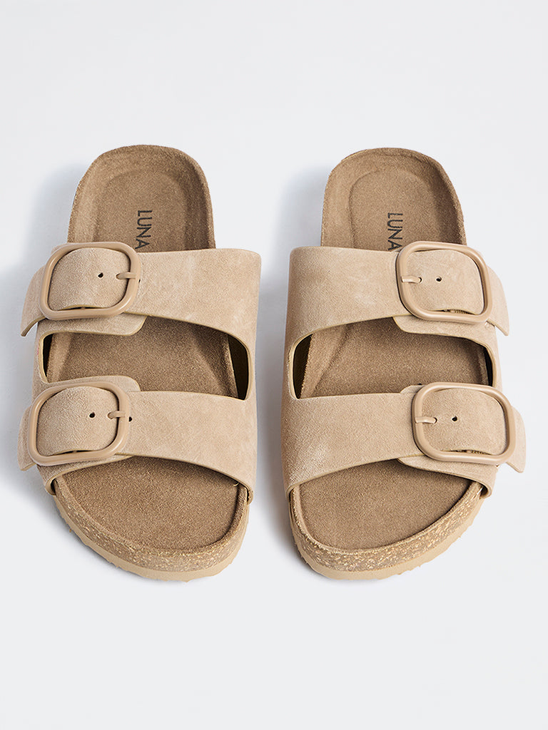 LUNA BLU Taupe Dual-Strap Suede Slip-On Sandals