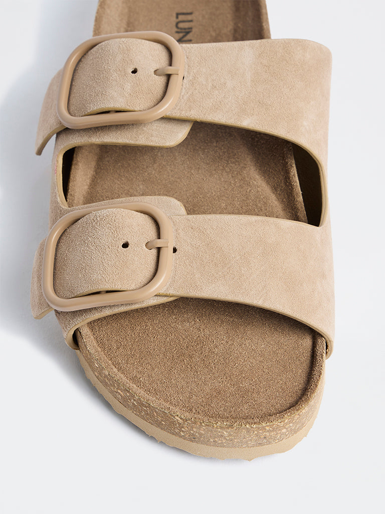 LUNA BLU Taupe Dual-Strap Suede Slip-On Sandals
