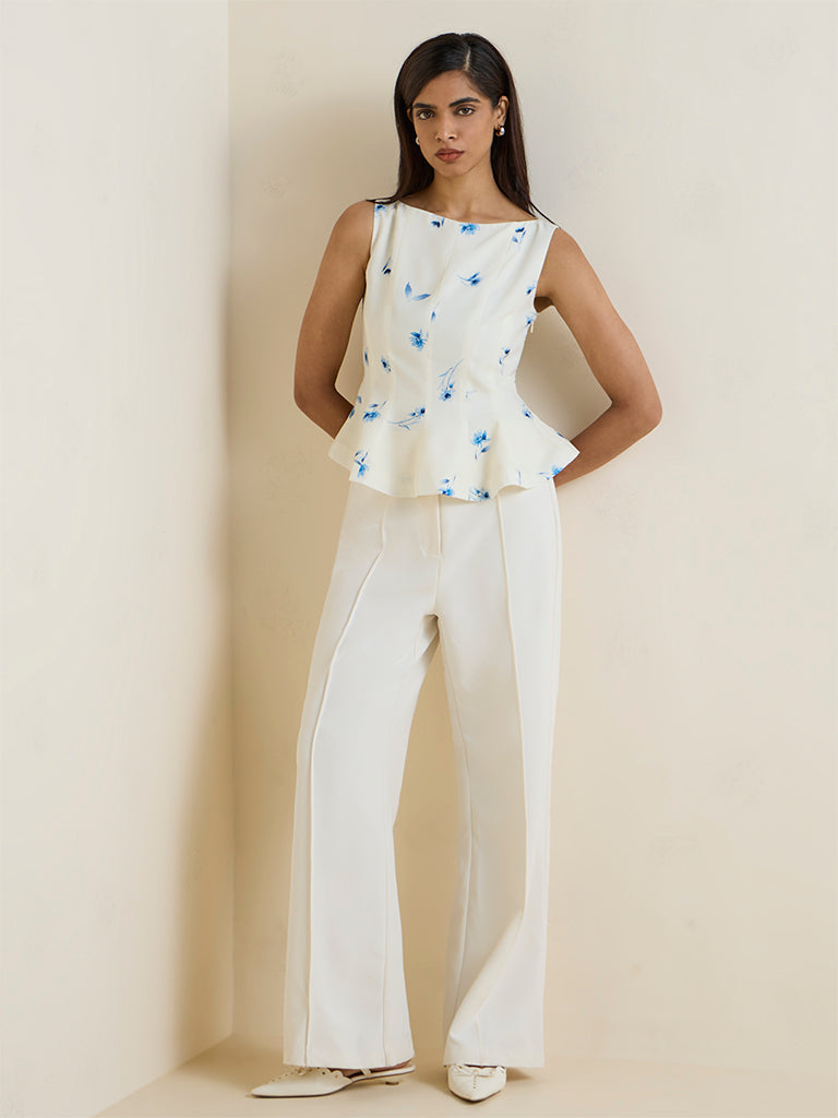 Wardrobe Off-White Floral Printed Linen-Blend Peplum Top