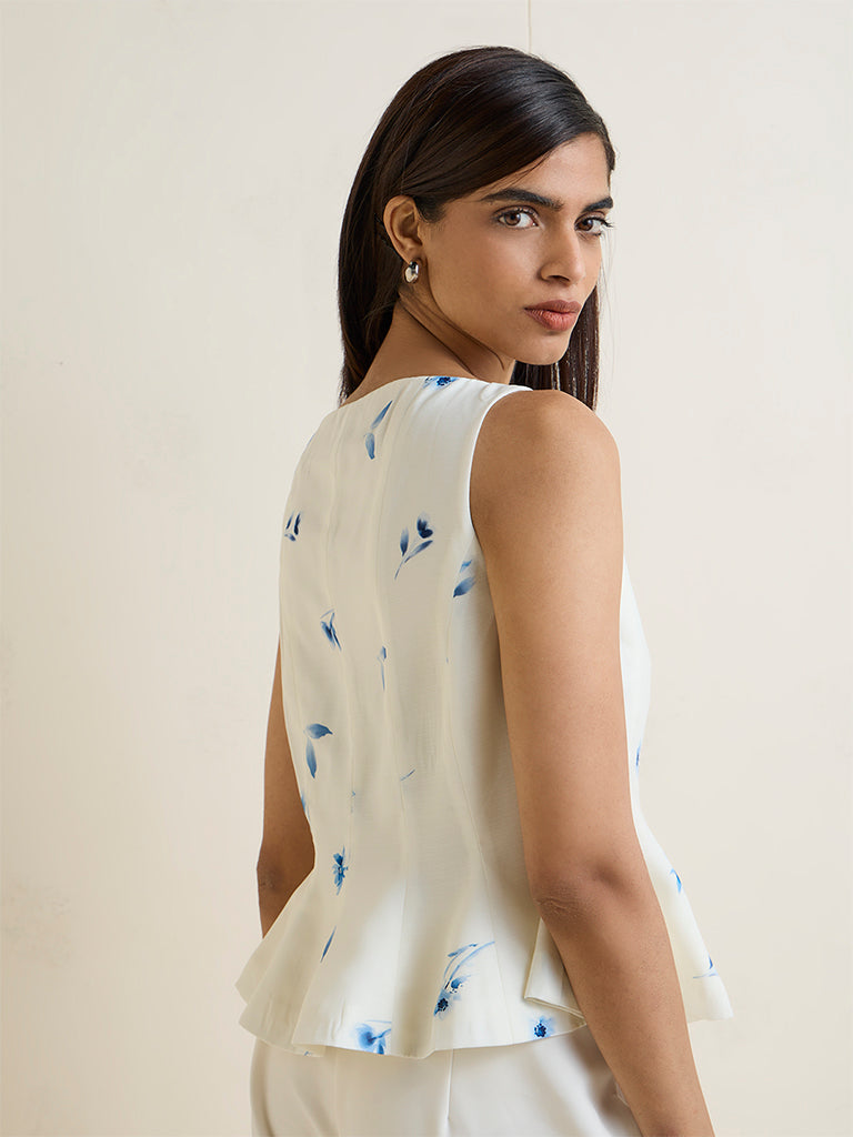 Wardrobe Off-White Floral Printed Linen-Blend Peplum Top