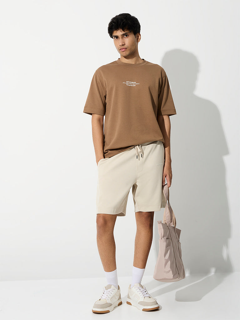 Nuoflexx Light Brown Text-Design Relaxed-Fit Cotton-Blend T-Shirt