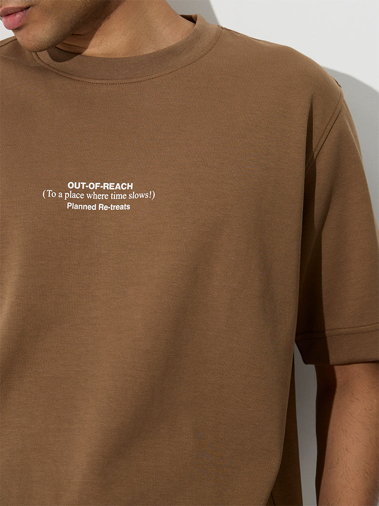 Nuoflexx Light Brown Text-Design Relaxed-Fit Cotton-Blend T-Shirt
