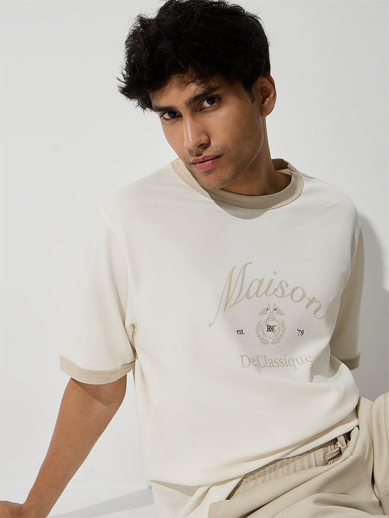 Nuoflexx Off-White Text-Printed Relaxed-Fit Cotton-Blend T-Shirt