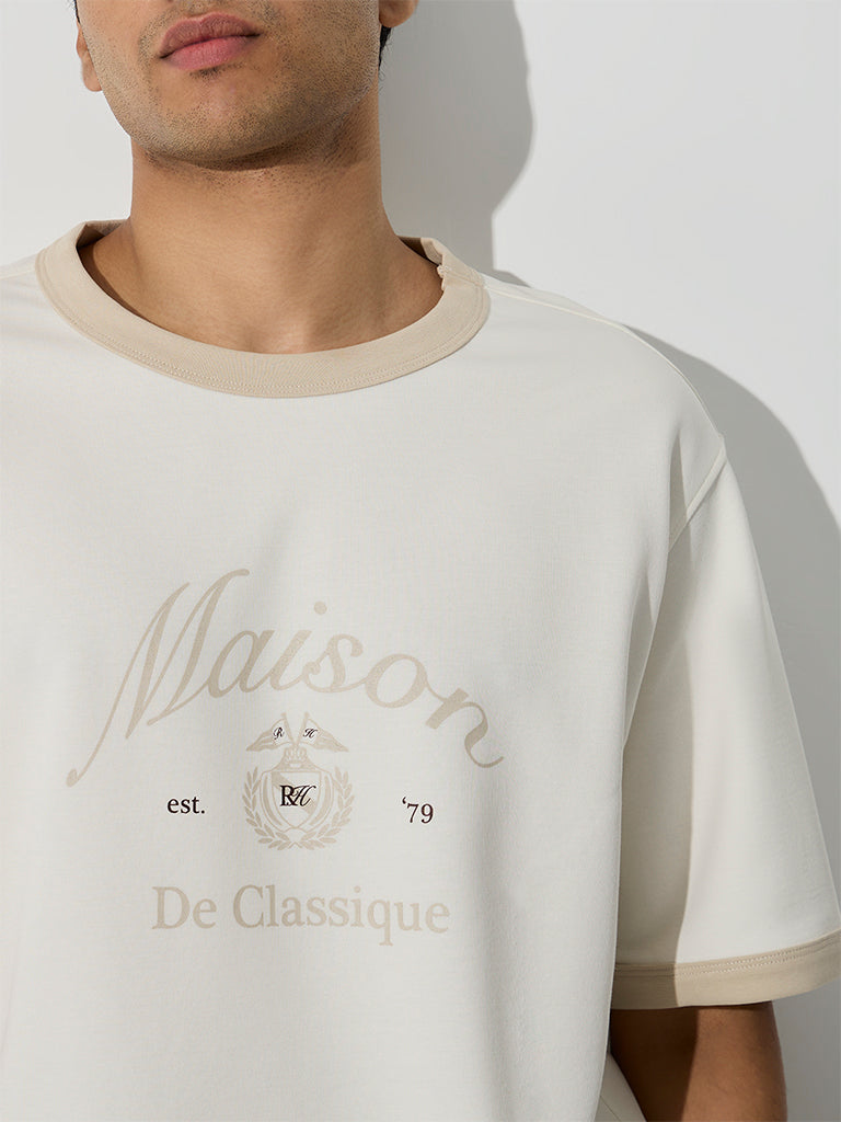 Nuoflexx Off-White Text-Printed Relaxed-Fit Cotton-Blend T-Shirt