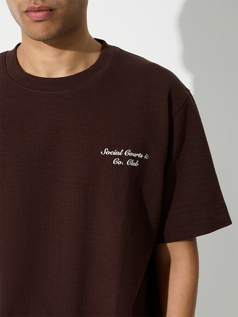 Nuoflexx Dark Brown Ribbed Relaxed-Fit Cotton-Blend T-Shirt