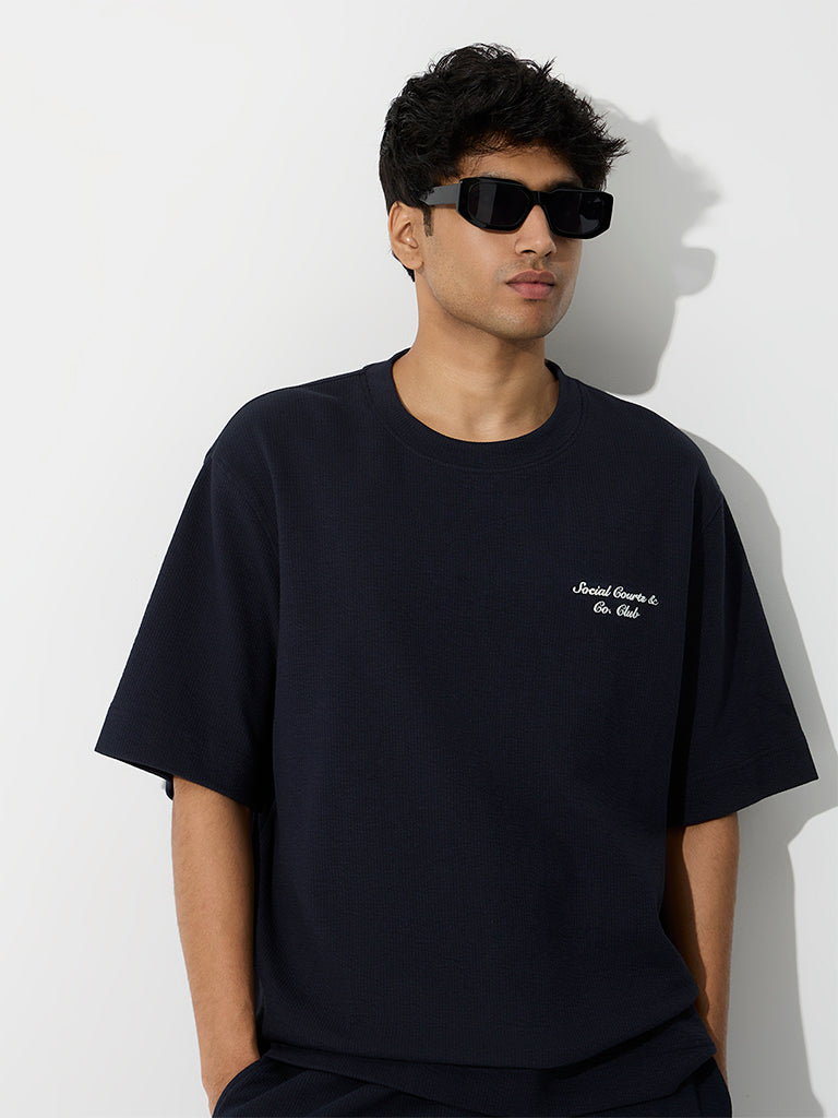 Nuoflexx Navy Ribbed Relaxed-Fit Cotton-Blend T-Shirt