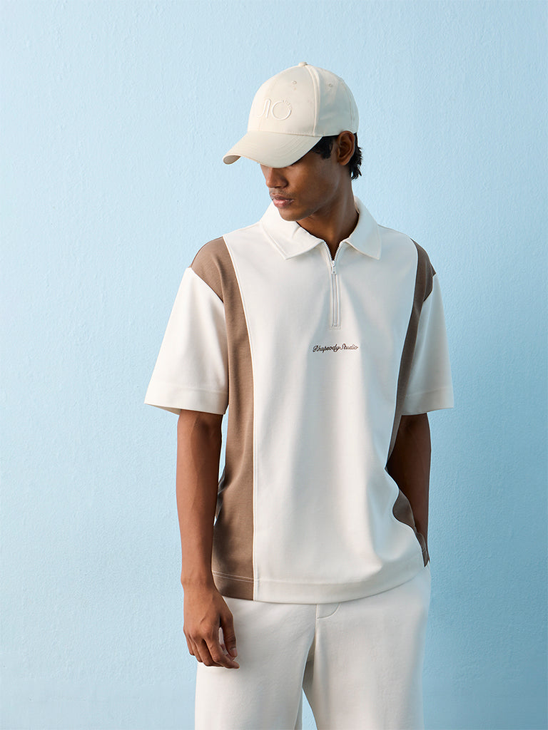 Nuoflexx Off-White Colour-Blocked Relaxed-Fit Cotton-Blend Polo T-Shirt