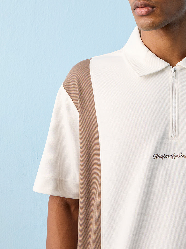 Nuoflexx Off-White Colour-Blocked Relaxed-Fit Cotton-Blend Polo T-Shirt