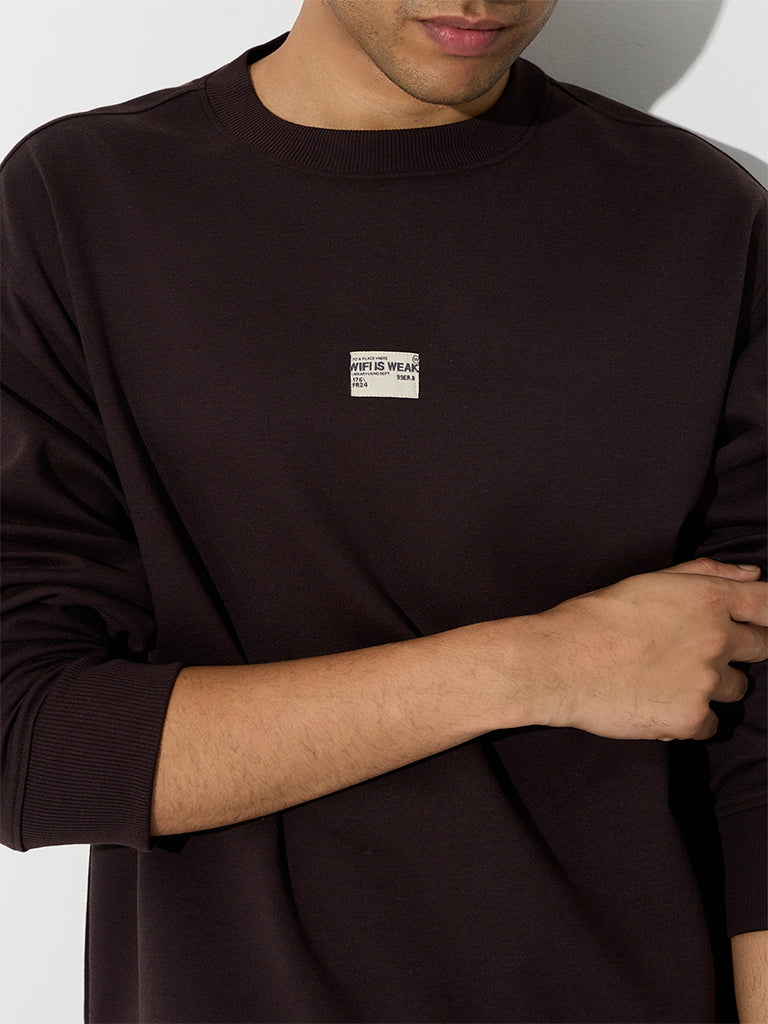 Nuoflexx Dark Brown Patch-Detail Relaxed-Fit Sweatshirt