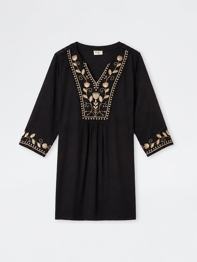 Diza Black Floral Embroidered A-Line Kurta