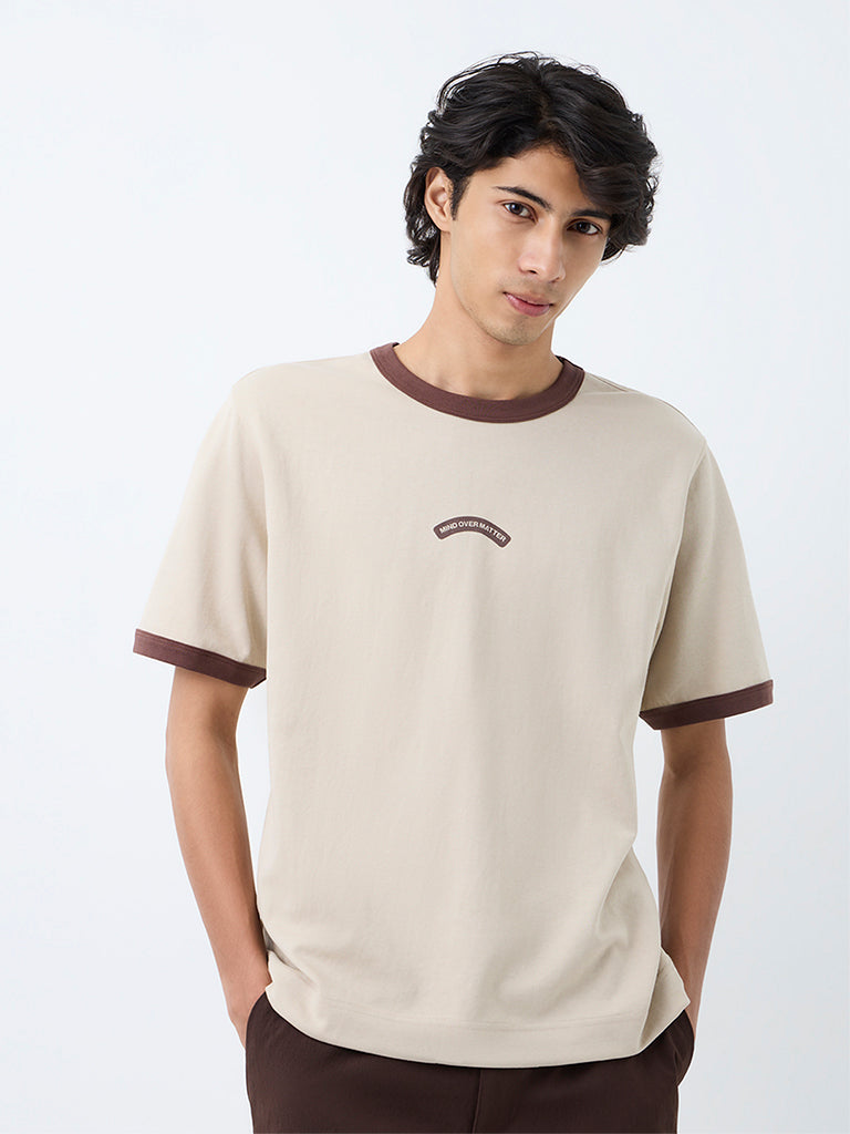 Nuoflexx Beige Text-Printed Cotton-Blend T-Shirt