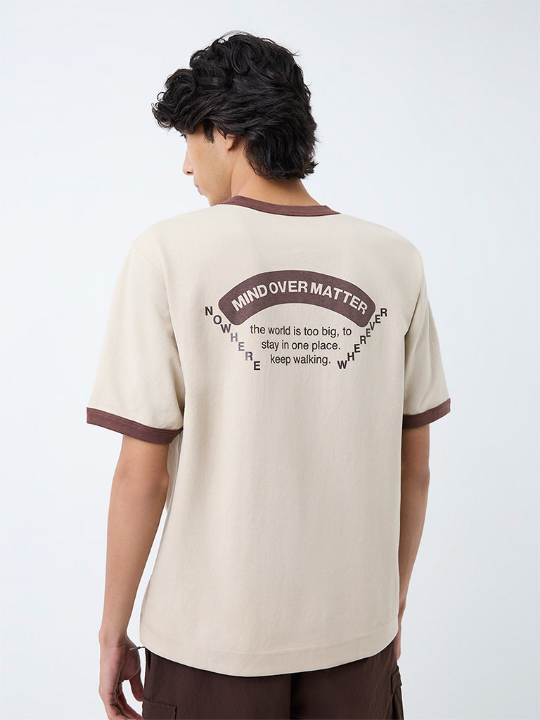 Nuoflexx Beige Text-Printed Cotton-Blend T-Shirt