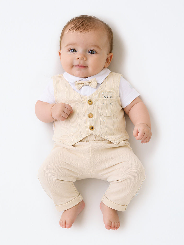 HOP Baby Boys Light Beige Cotton Shirt, Pants, Waistcoat and Bow Set