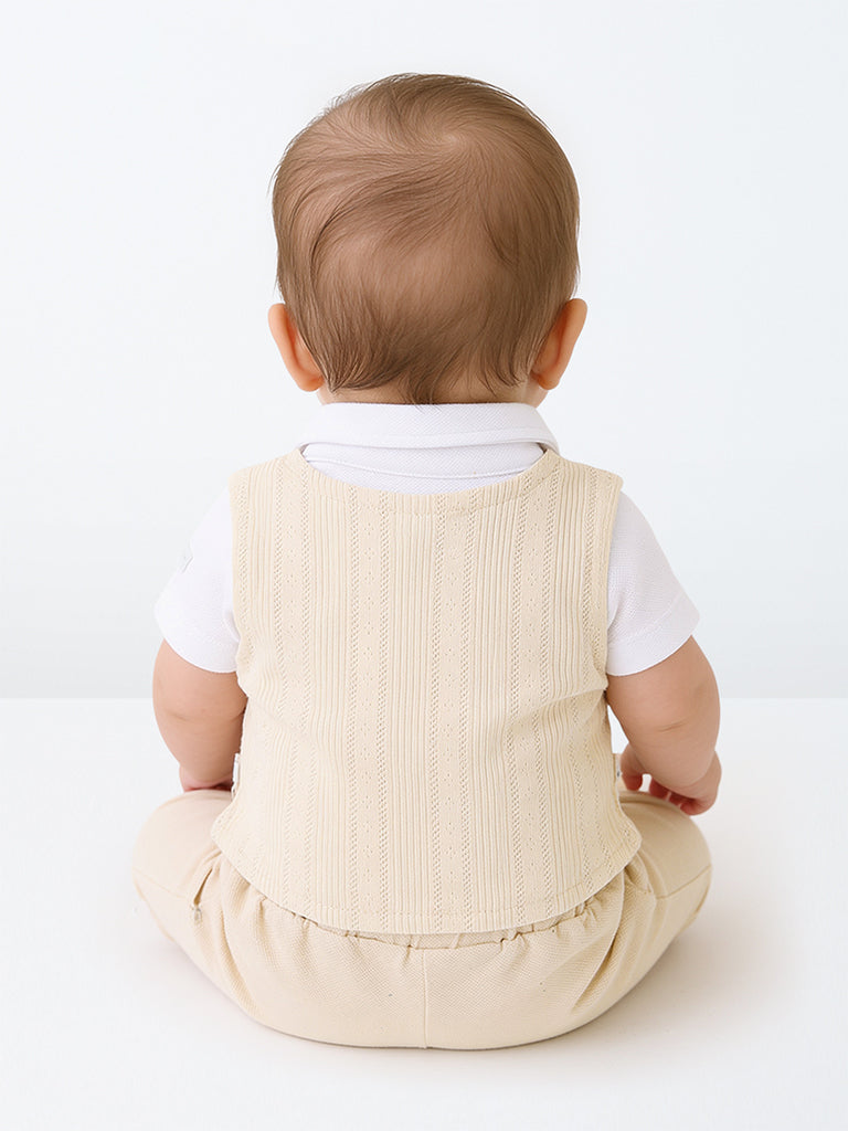HOP Baby Boys Light Beige Cotton Shirt, Pants, Waistcoat and Bow Set