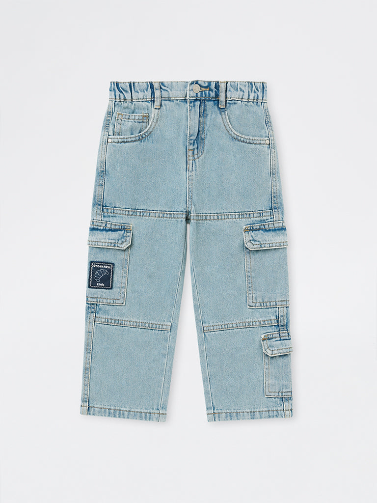 HOP Kids Boys Blue Washed Patch-Detail Cargo Jeans