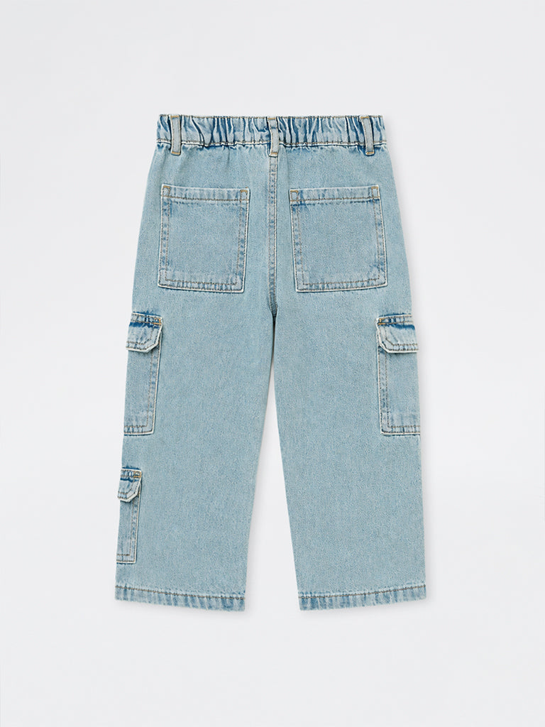 HOP Kids Boys Blue Washed Patch-Detail Cargo Jeans