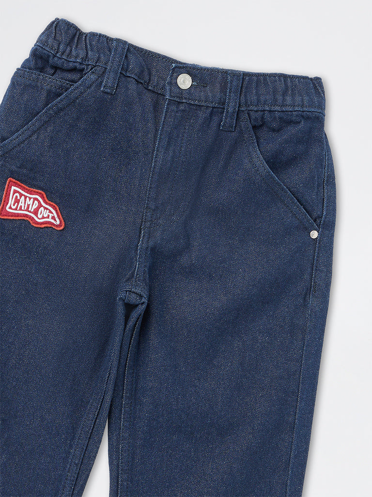 HOP Kids Boys Dark Blue Patch-Detail Relaxed-Fit Mid-Rise Jeans