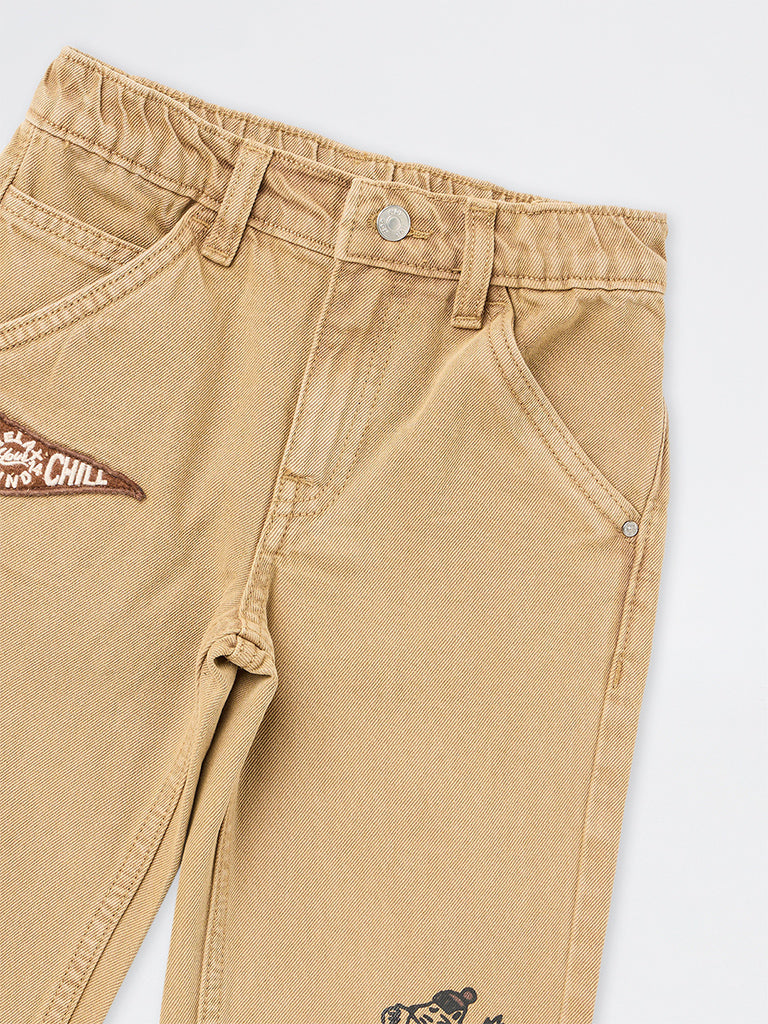 HOP Kids Boys Beige Patch-Detail Relaxed-Fit Mid-Rise Jeans