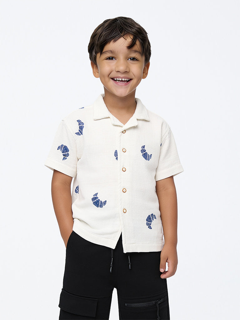 HOP Kids Boys White Croissant Embroidered Resort-Fit Cotton-Blend Shirt