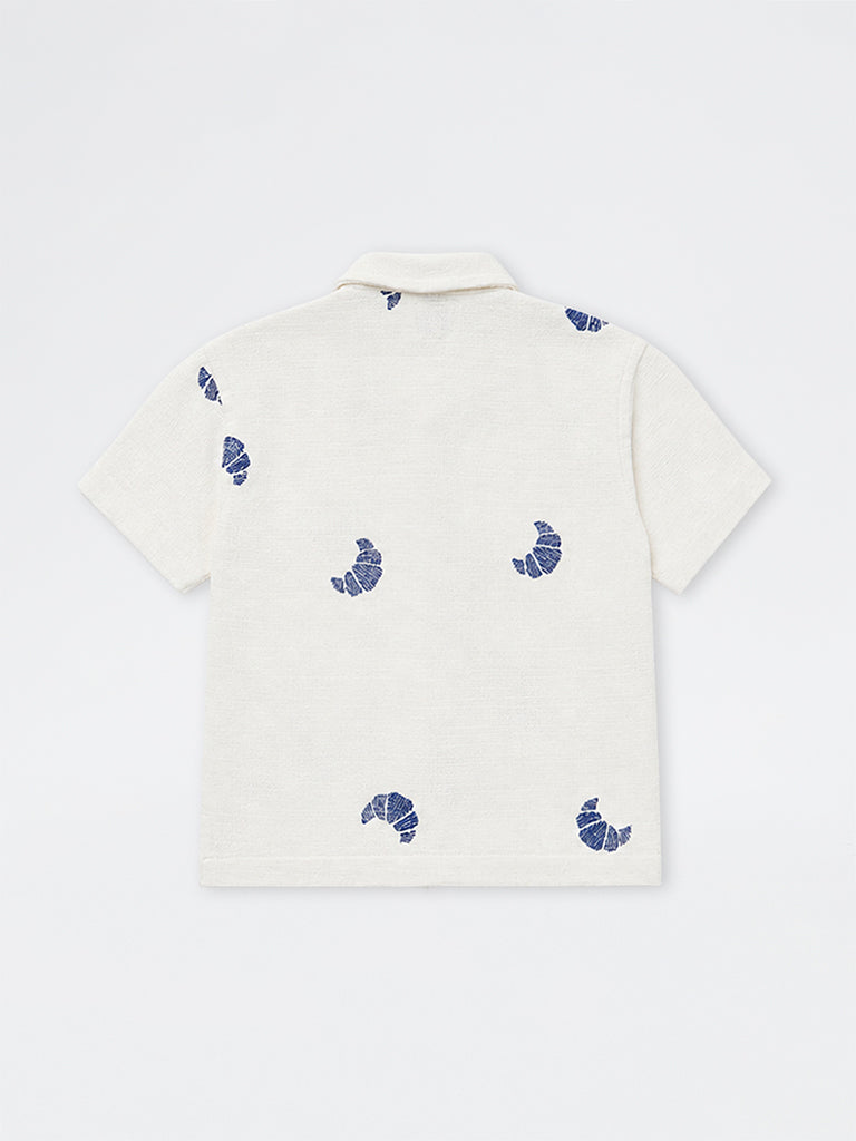 HOP Kids Boys White Croissant Embroidered Resort-Fit Cotton-Blend Shirt