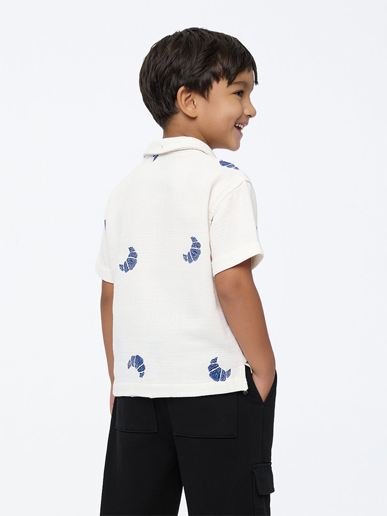 HOP Kids Boys White Croissant Embroidered Resort-Fit Cotton-Blend Shirt
