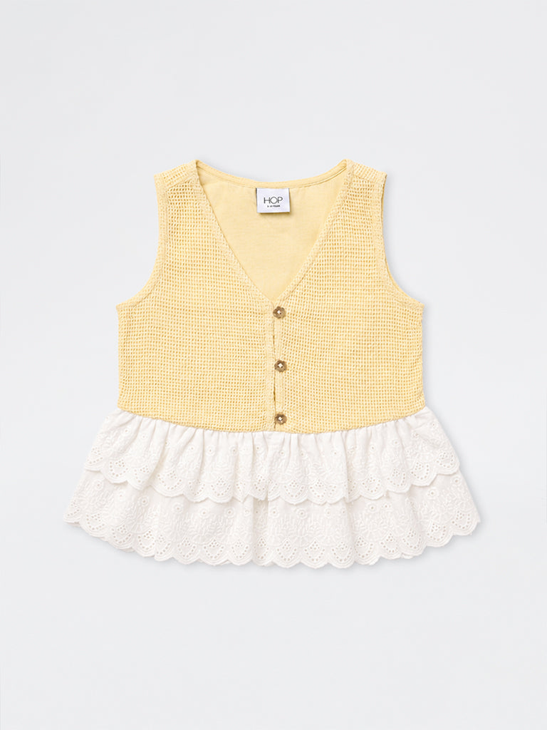 HOP Kids Girls Yellow Waffle Textured Cotton Peplum Top