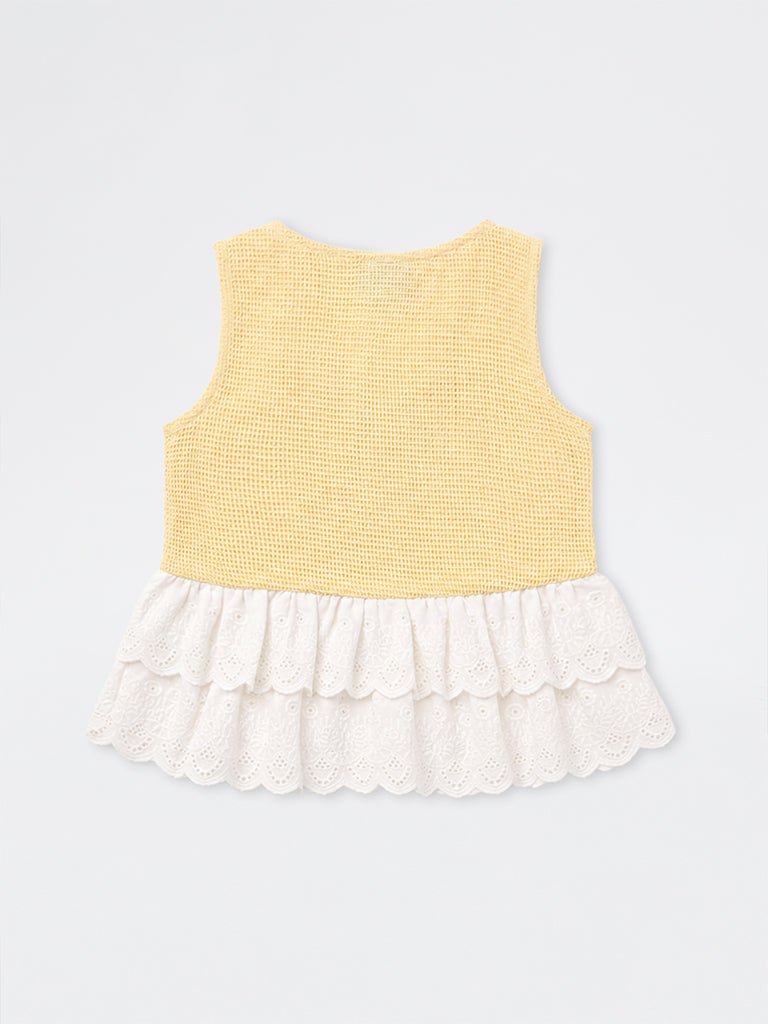 HOP Kids Girls Yellow Waffle Textured Cotton Peplum Top